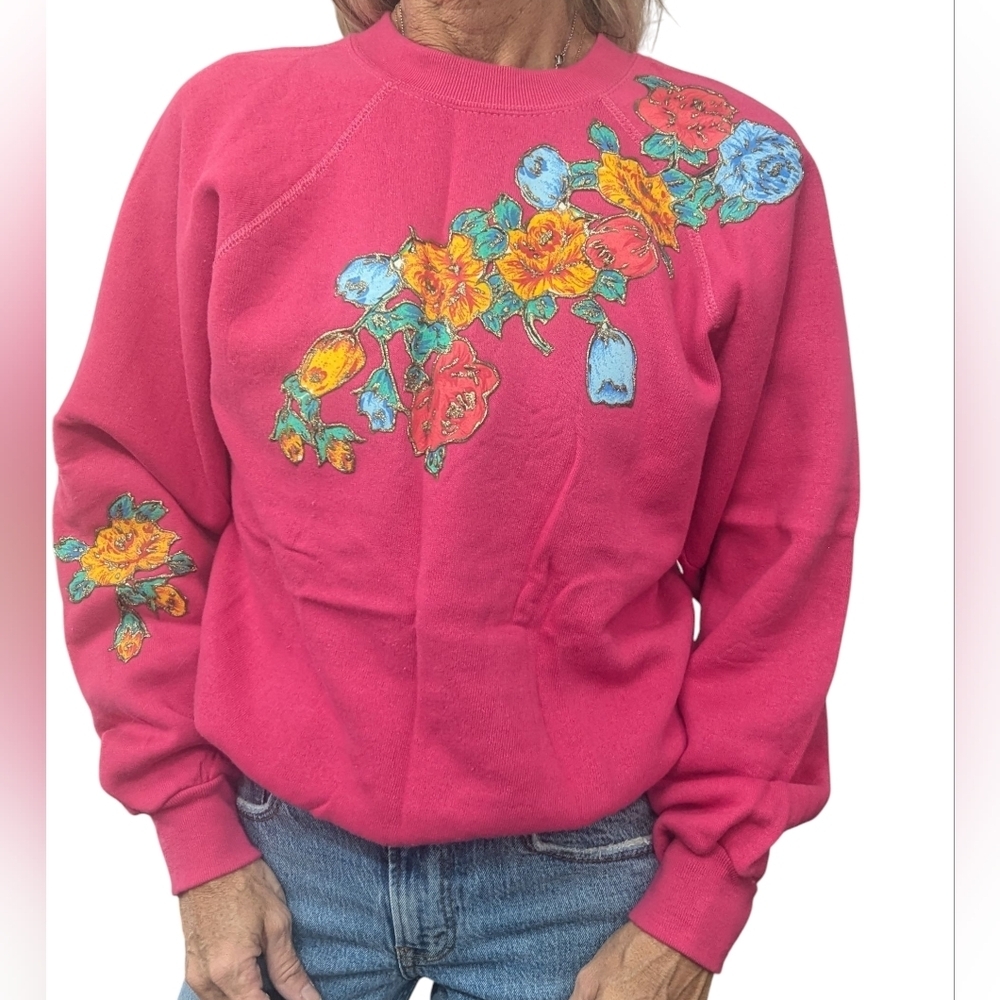 Vintage 90s Tultex Pink Floral Sweatshirt Made USA M
